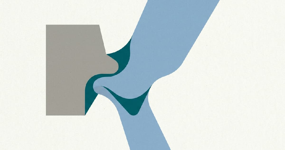 Two abstract shapes interlocking in muted tones with a teal accent at the convergence point.
