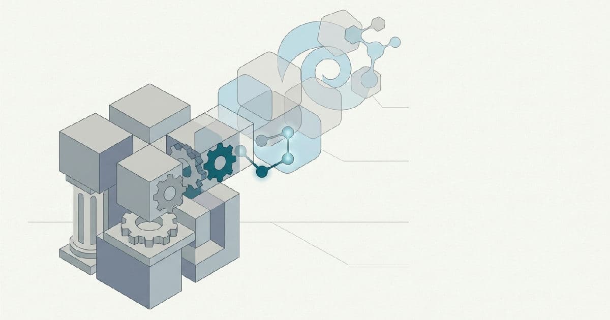 Two abstract geometric shapes interlocking, representing pharmaceutical company merger and acquisition.