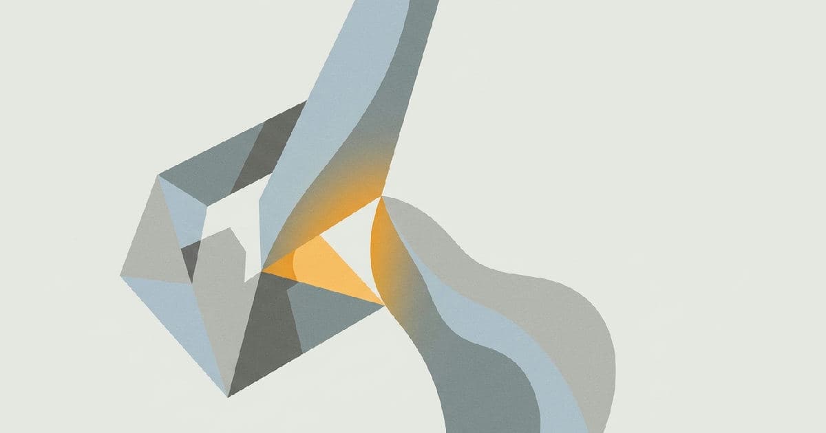 Two abstract geometric shapes interlocking, rendered in muted tones with warm amber accent at convergence point.