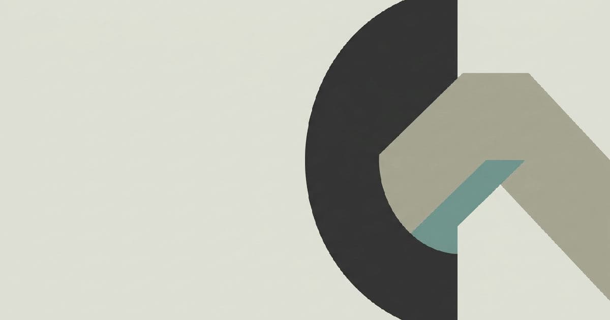 Two abstract geometric shapes interlocking in muted tones with a single teal accent.