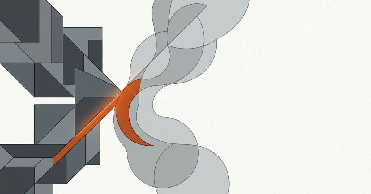 Two abstract shapes interlocking, minimalist illustration in muted tones with orange accent.