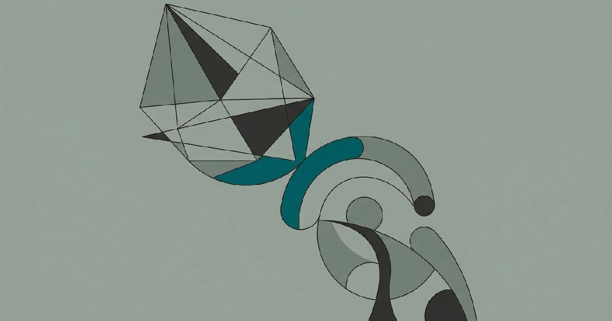 Two abstract shapes interlocking in muted tones with teal accent, minimalist illustration.
