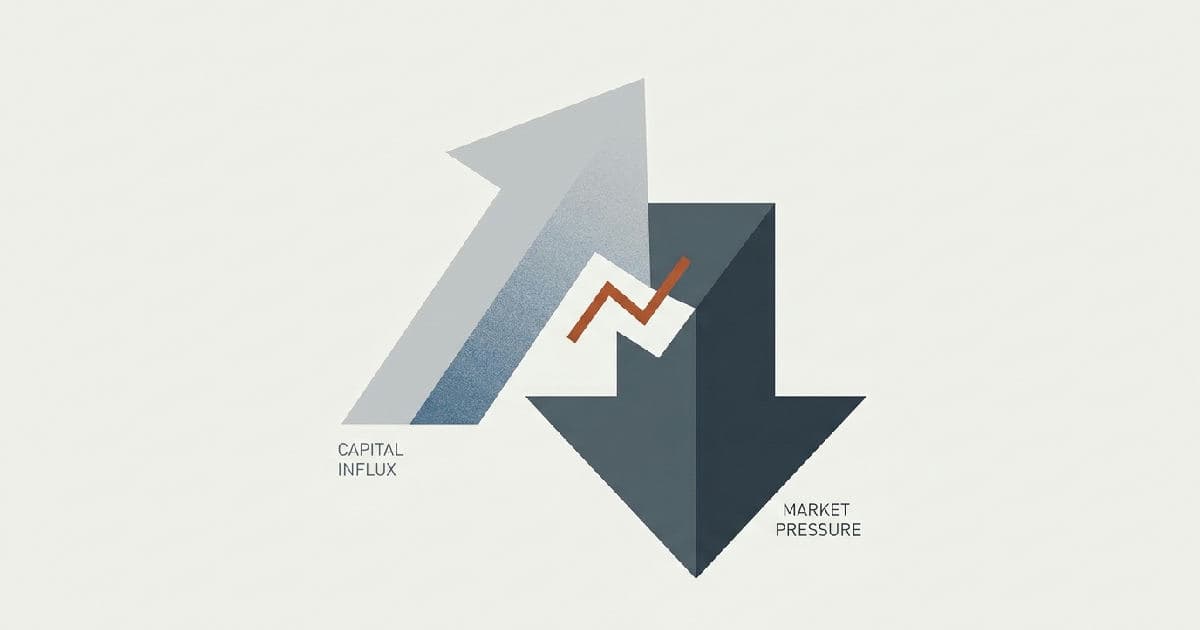 Two abstract interlocking shapes in muted tones with orange accent, representing capital and market forces.