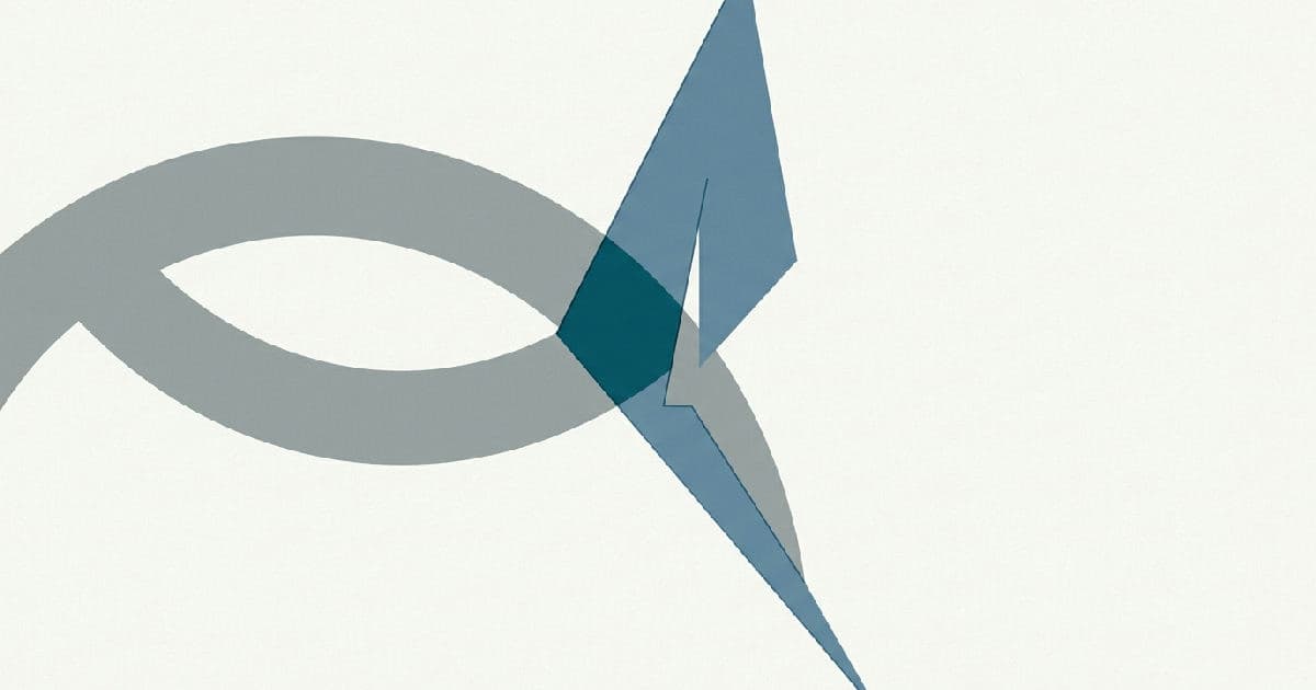 Two abstract geometric shapes converging at centre point in muted tones with teal accent.