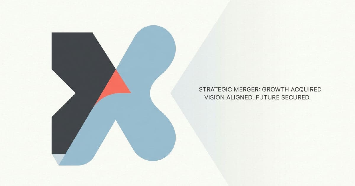 Two abstract interlocking shapes in muted tones with a single accent colour, symbolising a business merger.