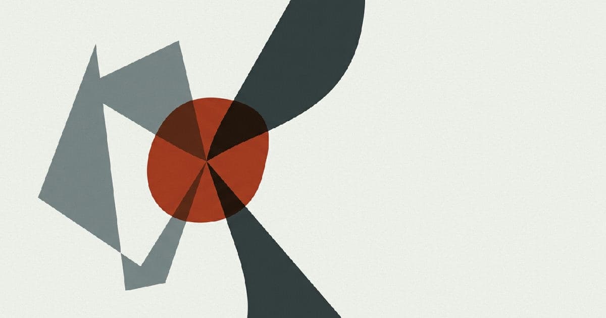Two abstract shapes interlocking at centre point, muted tones with red accent.