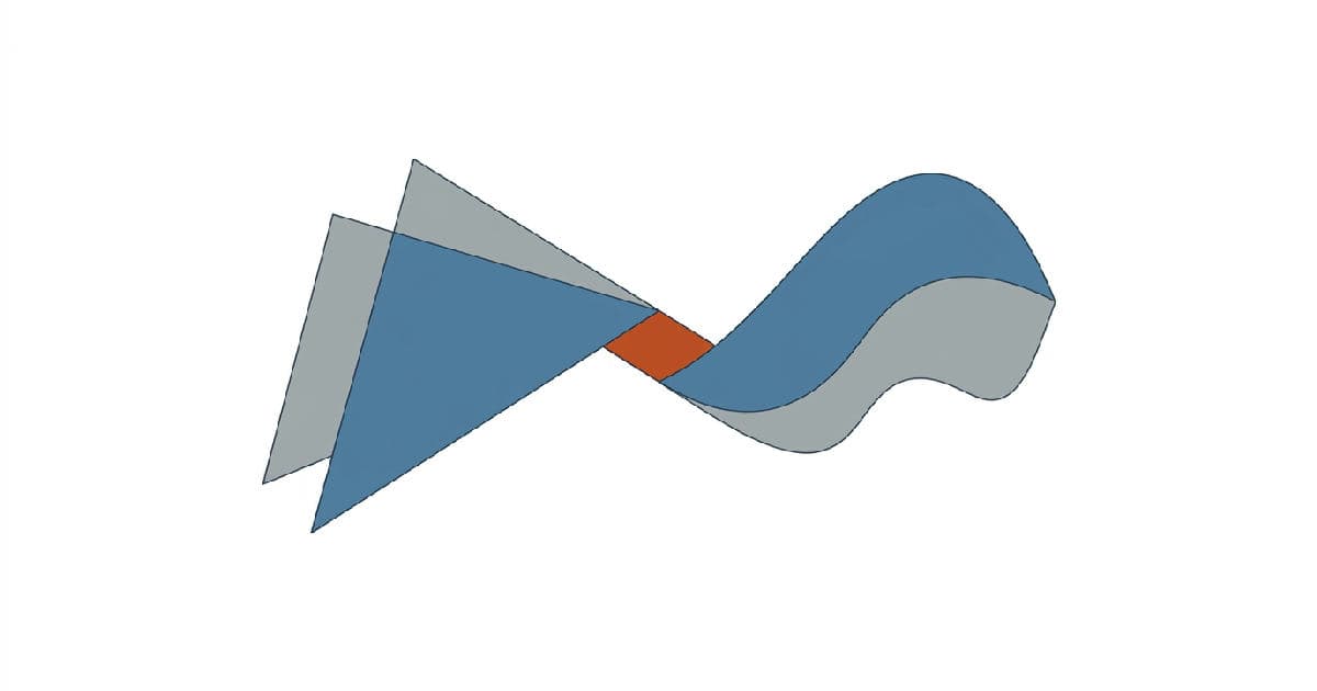Two abstract geometric shapes interlocking, muted tones with orange accent at convergence point.