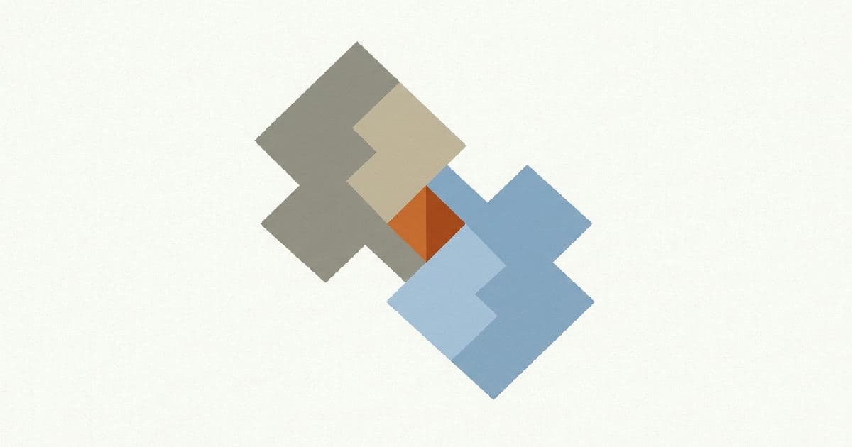 Two abstract shapes interlocking in centre, muted tones with warm accent colour, minimalist illustration style.