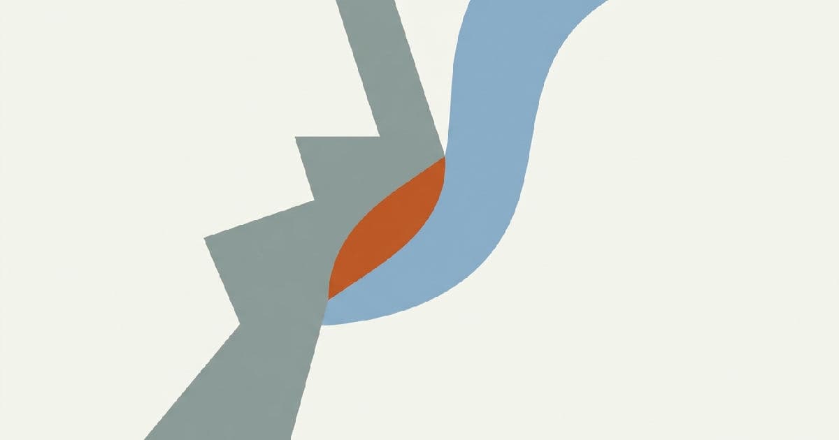 Two abstract interlocking shapes in muted tones with orange accent point, representing a business merger or acquisition.