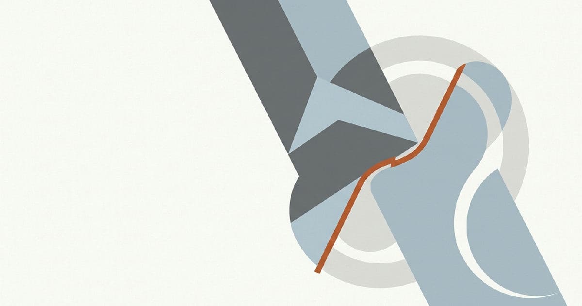 Two abstract shapes interlocking with an accent-coloured junction point against a muted background.