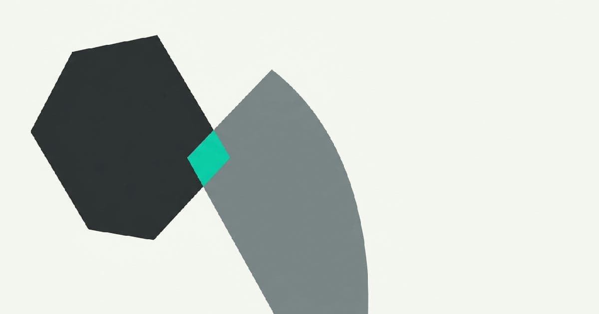 Two abstract geometric shapes interlocking in muted tones with teal accent.