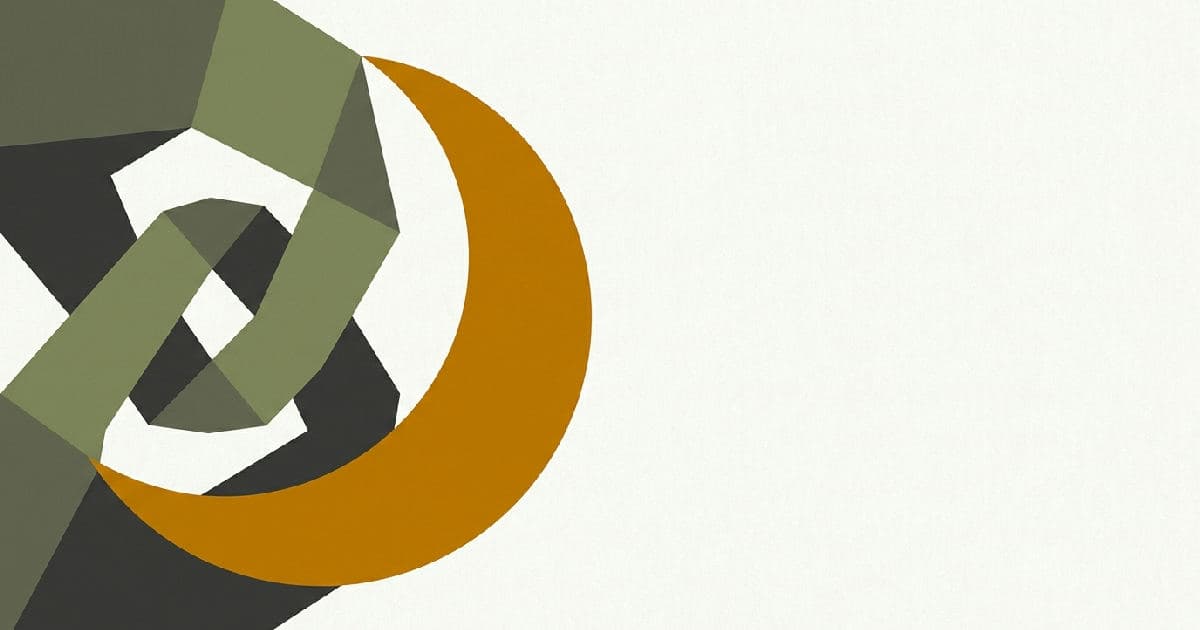 Two abstract shapes interlocking in minimalist illustration with muted tones and single amber accent.