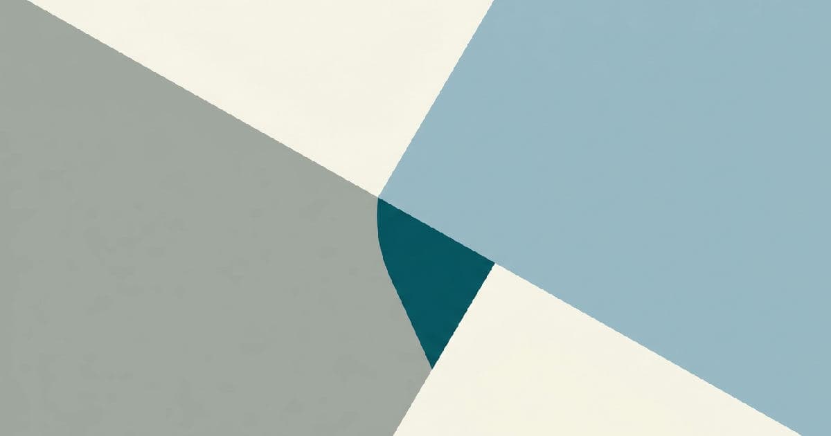Two abstract shapes interlocking in minimalist illustration with muted tones and teal accent.