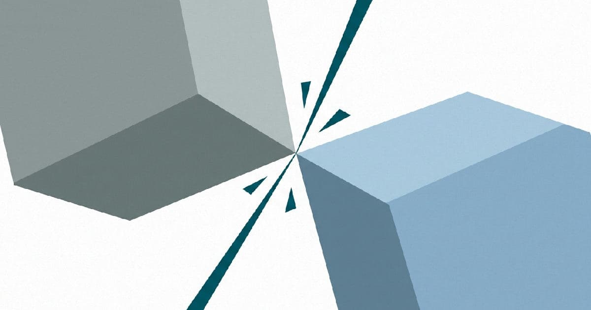 Two abstract shapes approaching each other in a minimalist illustration, suggesting negotiation or conflict.