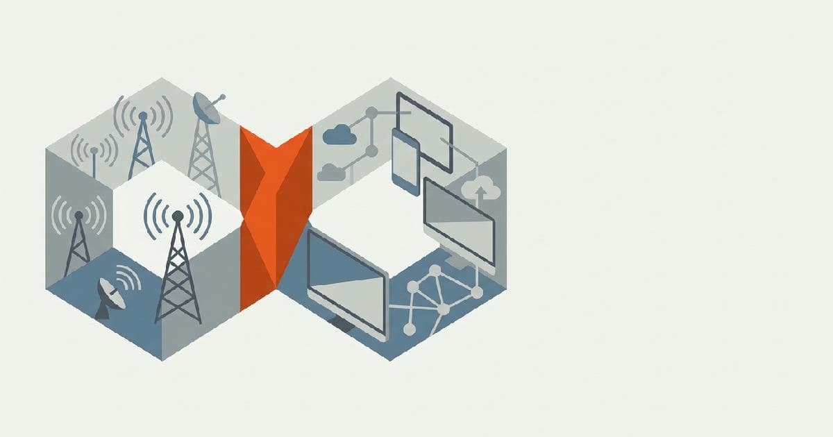 Two abstract interlocking shapes meeting at a central point in muted tones with orange accent.