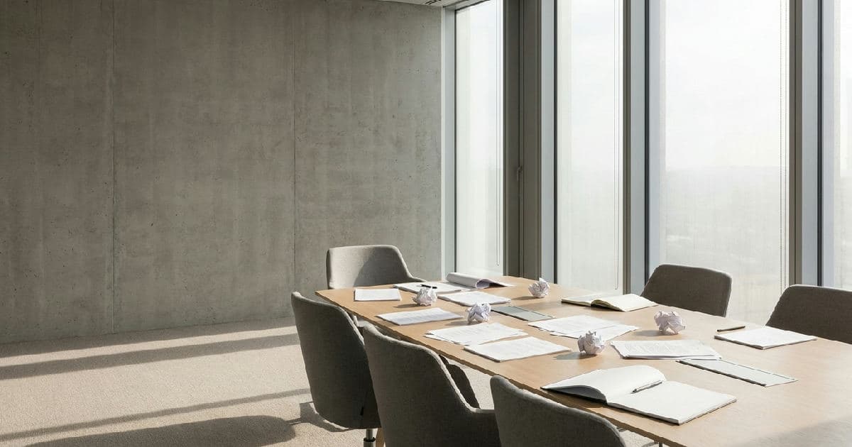Empty boardroom with conference table, papers, and window light casting shadows across neutral tones.
