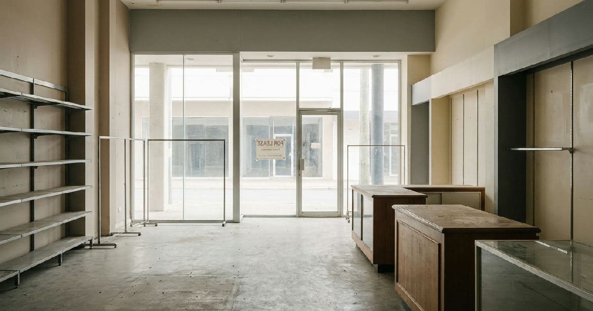 Empty retail store interior with vacant display shelves and neutral lighting.