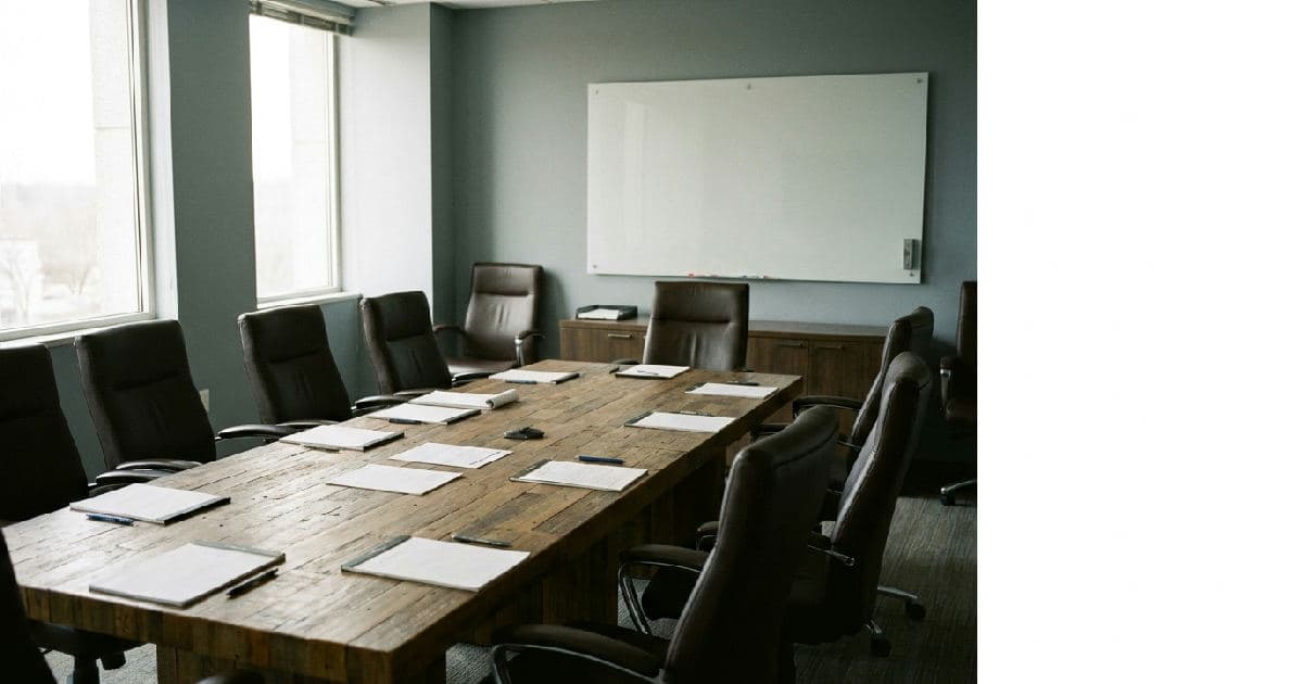Empty boardroom with long table, papers, and chairs in neutral lighting.