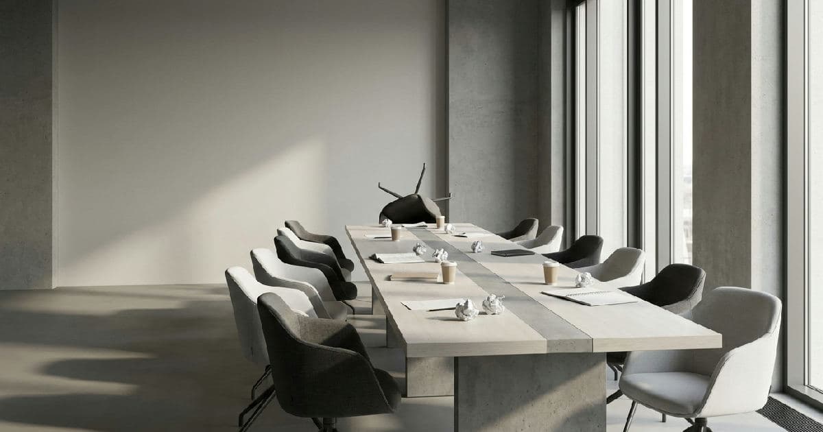 Boardroom table with scattered papers and an empty chair, professional office setting with natural light.