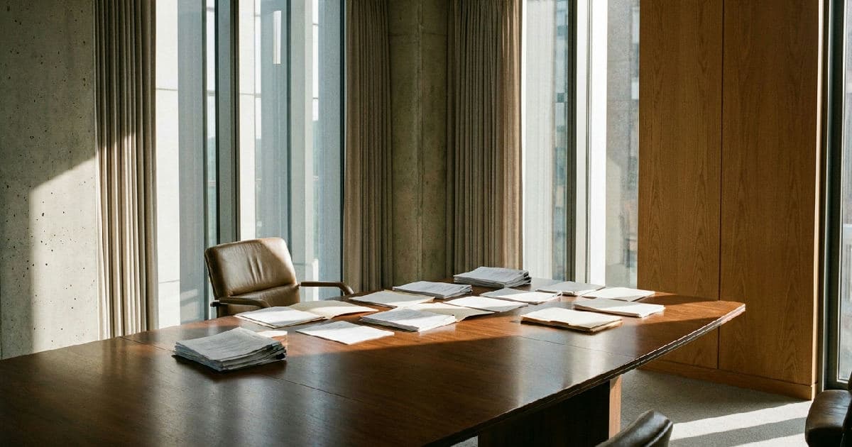 Empty boardroom with vacant chair at head of table, papers visible, natural light from windows.