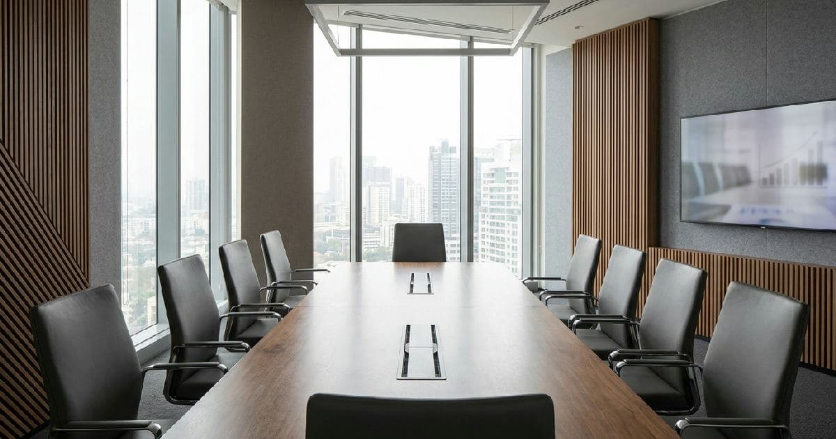 Empty boardroom with wooden table, leather chairs, and natural window lighting.
