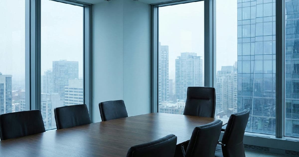 Empty boardroom with vacant chair at the head of a polished wooden table.