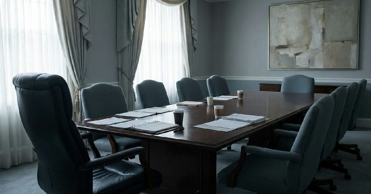 Vacant executive chair at empty boardroom table with scattered papers, natural lighting.
