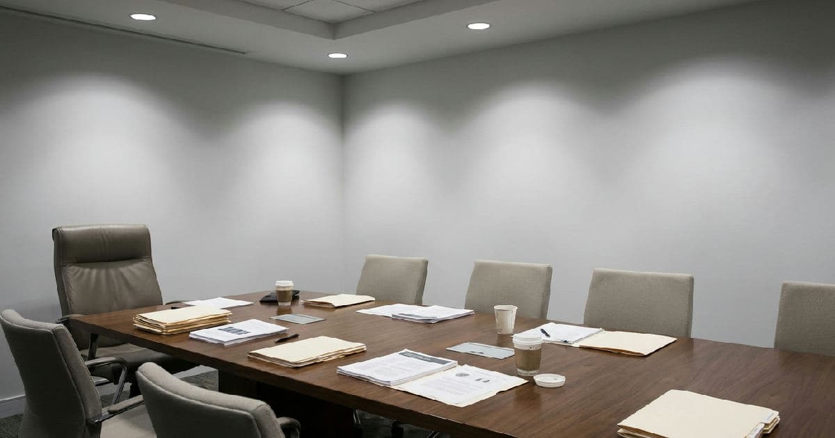 Empty boardroom with long table, papers, and single chair, neutral professional setting.
