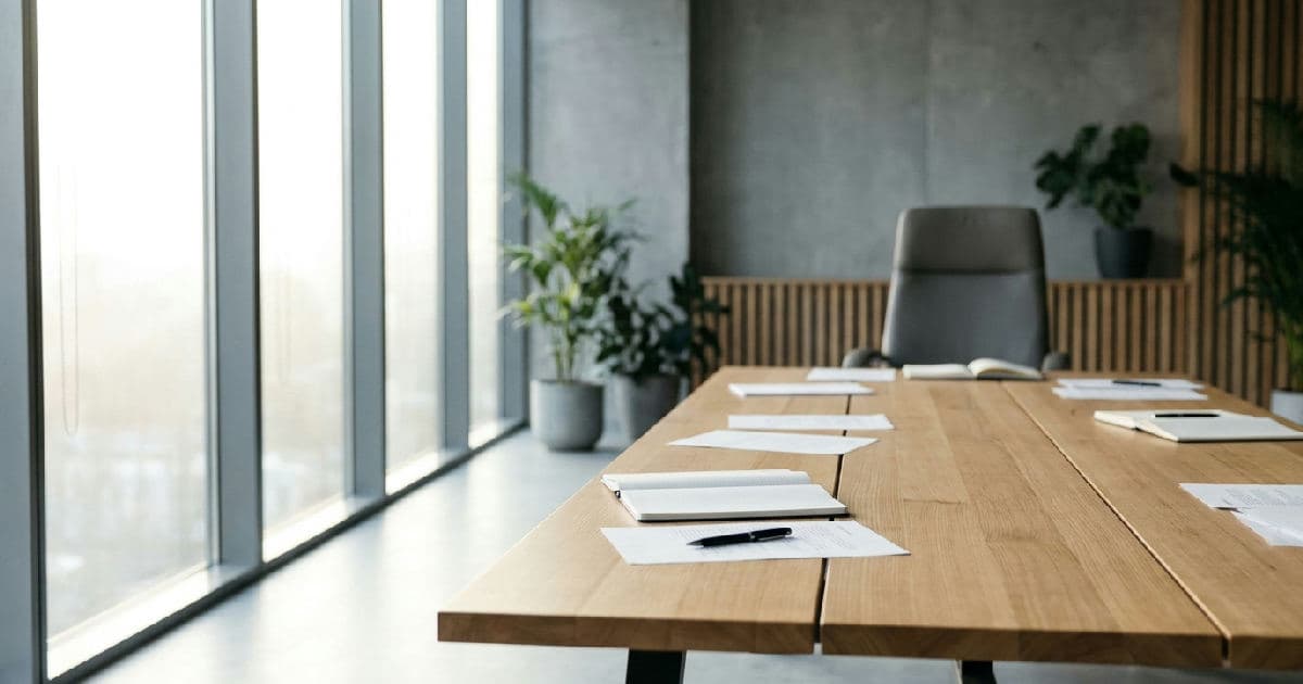 Empty boardroom with conference table, papers, and executive chair in natural light.