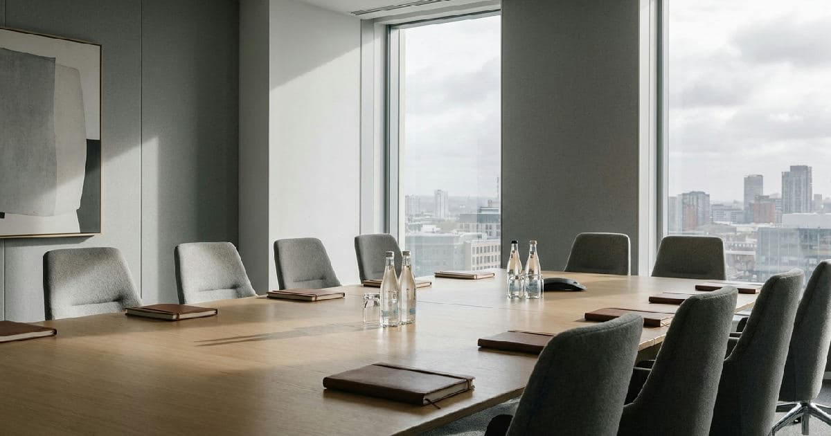 Empty modern boardroom with conference table and city views through windows.