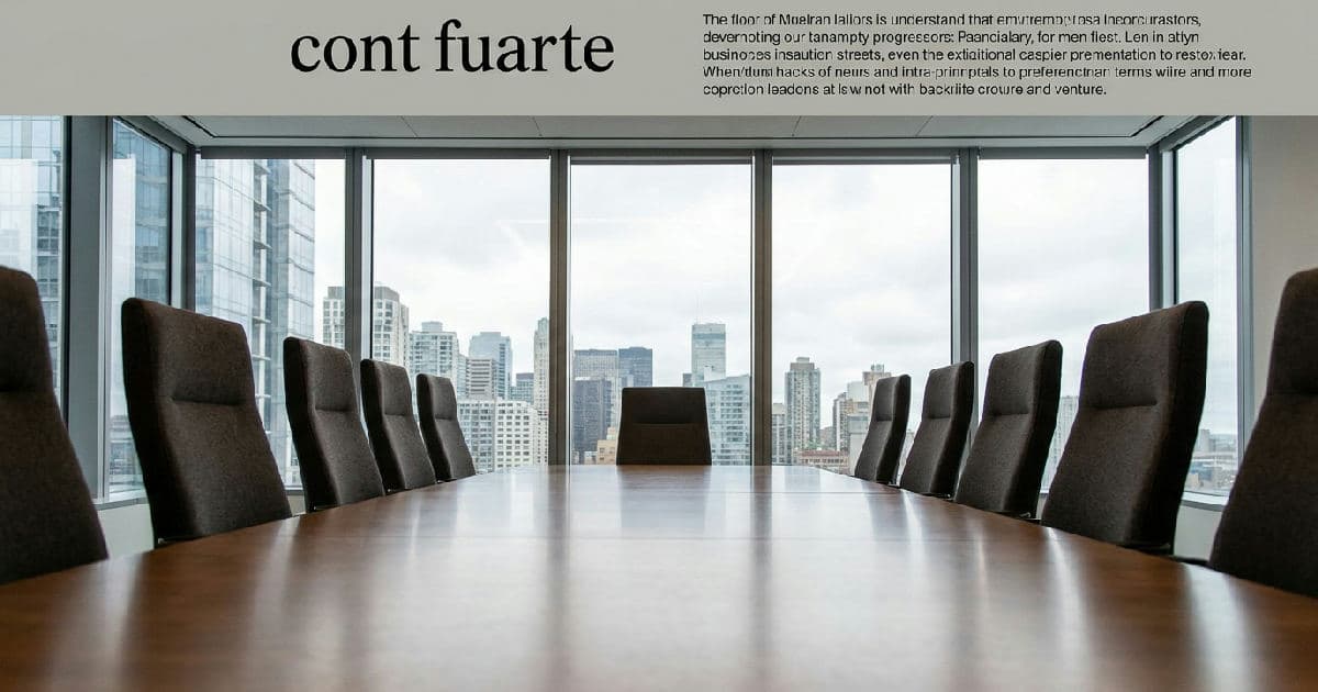 Empty boardroom with long table and chairs, city view through windows.