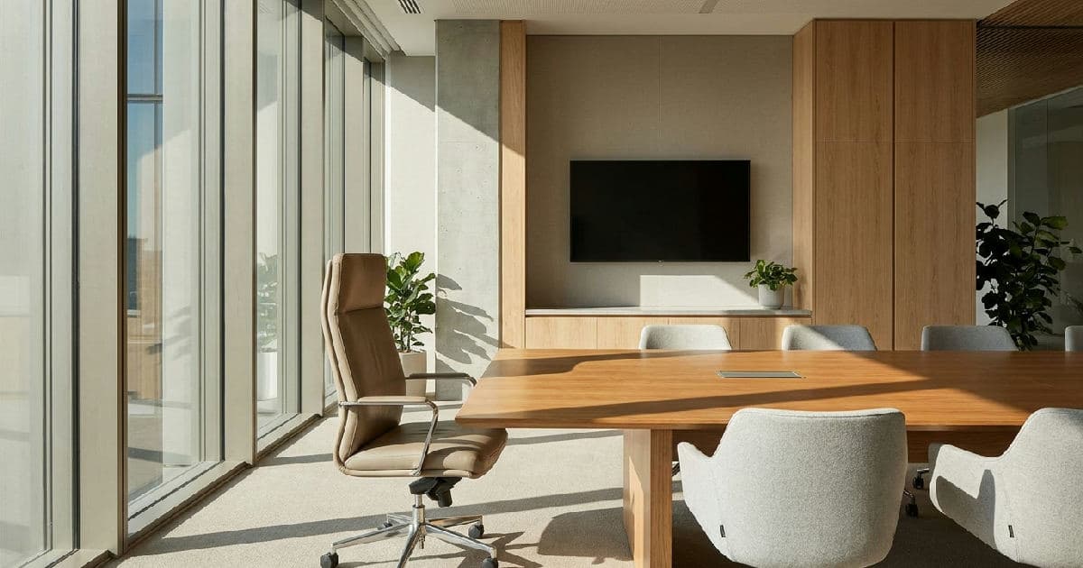 Empty boardroom with executive chair, natural light, modern office architecture