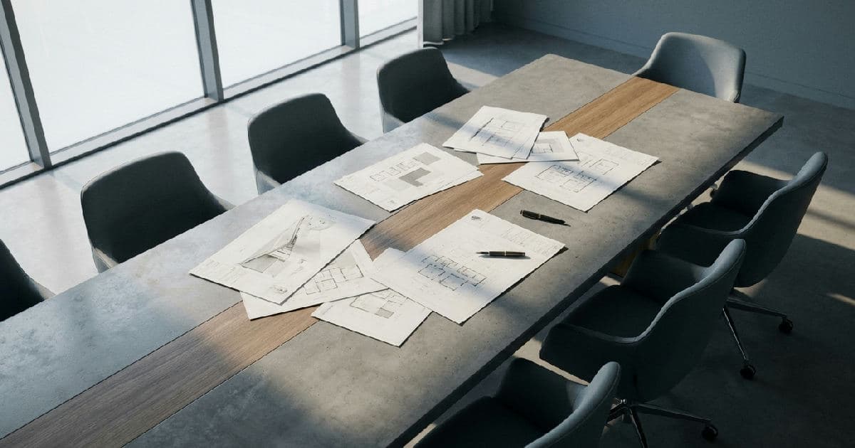 Minimalist boardroom table with papers and pen, natural light, no people visible.