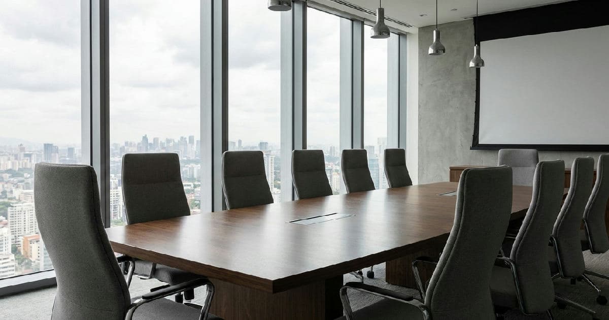 Empty boardroom with wooden table and chairs, city skyline visible through windows, neutral professional setting.