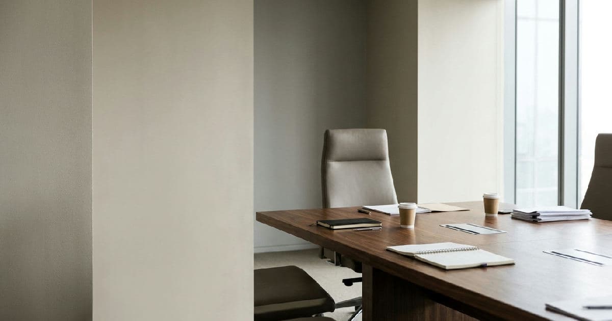 Empty boardroom with executive chair, polished table, and office interior in soft natural light.