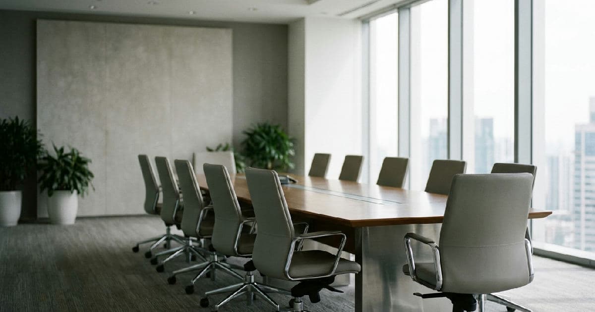 Empty boardroom with conference table and chairs, natural light, professional office setting.