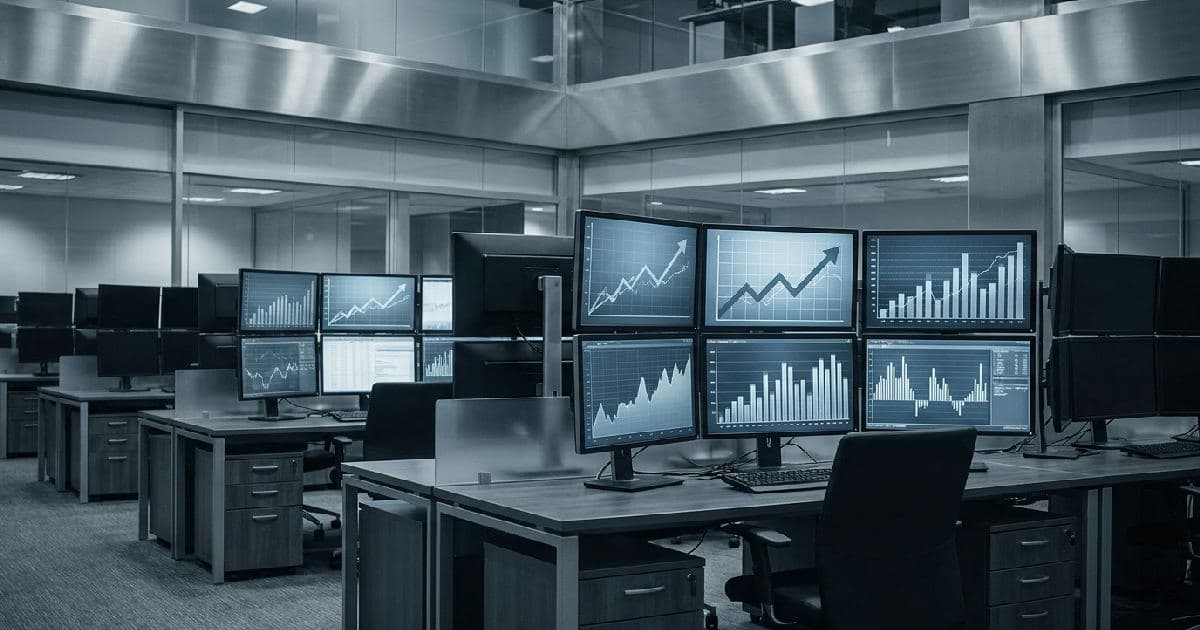 Trading floor monitors display rising market data charts in desaturated blue and grey tones.