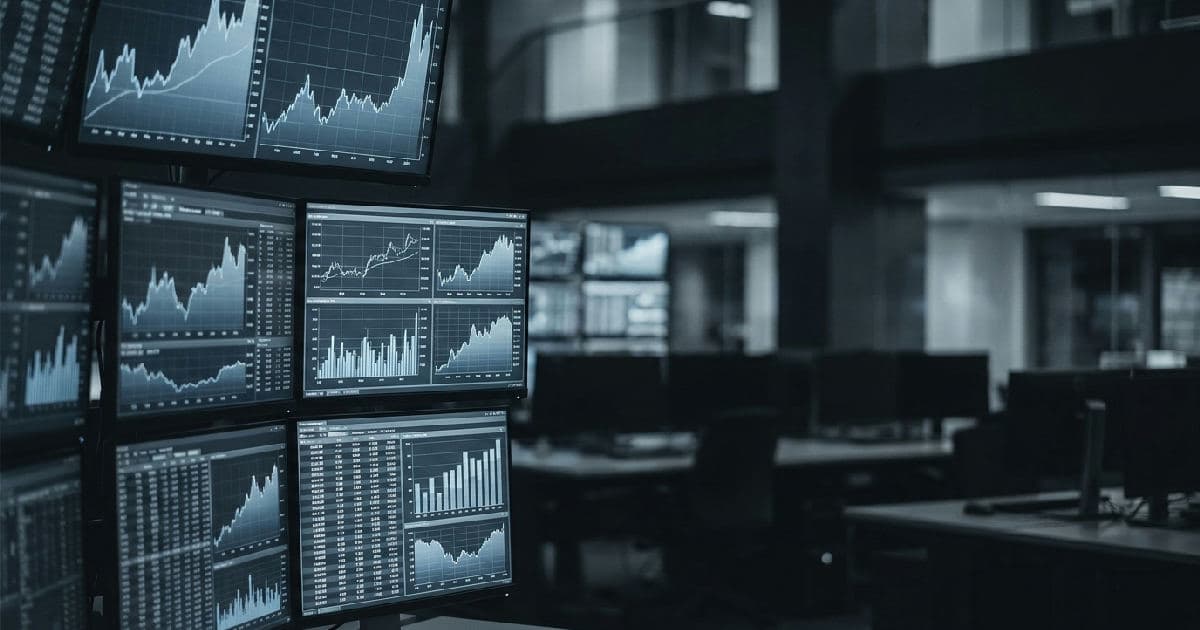 Glowing computer screens displaying abstract financial data and market charts in a desaturated blue-grey colour scheme.