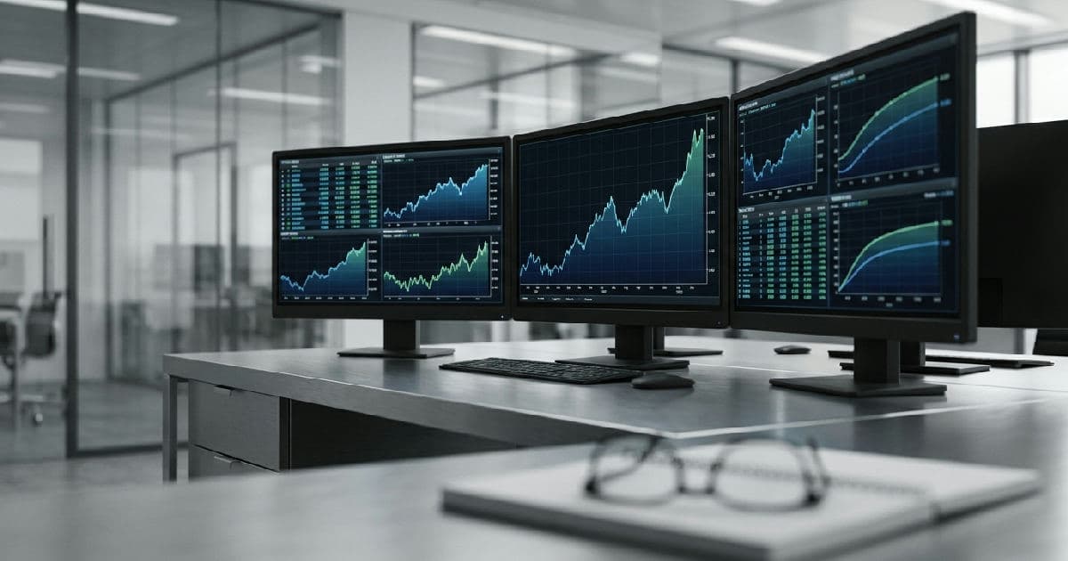 Trading terminal screens displaying financial market data and yield curve visualisations in desaturated tones.