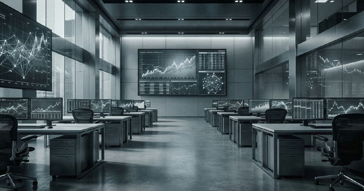 Trading floor with multiple screens showing abstract market data visualisations in desaturated tones.