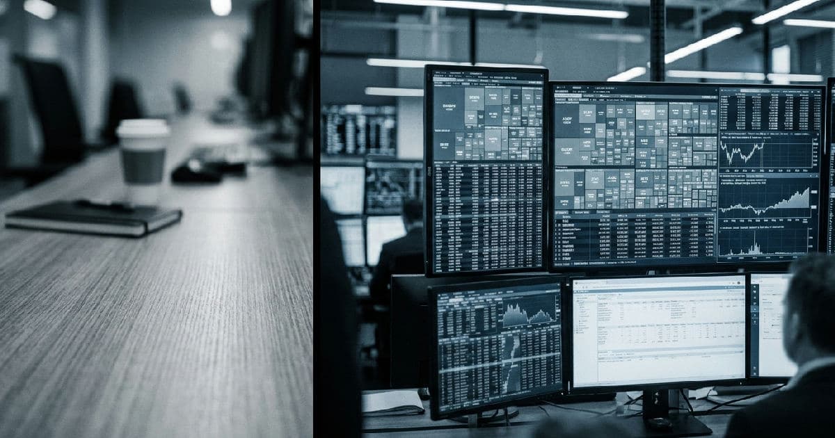 Trading floor monitors displaying financial charts and market data in muted tones.