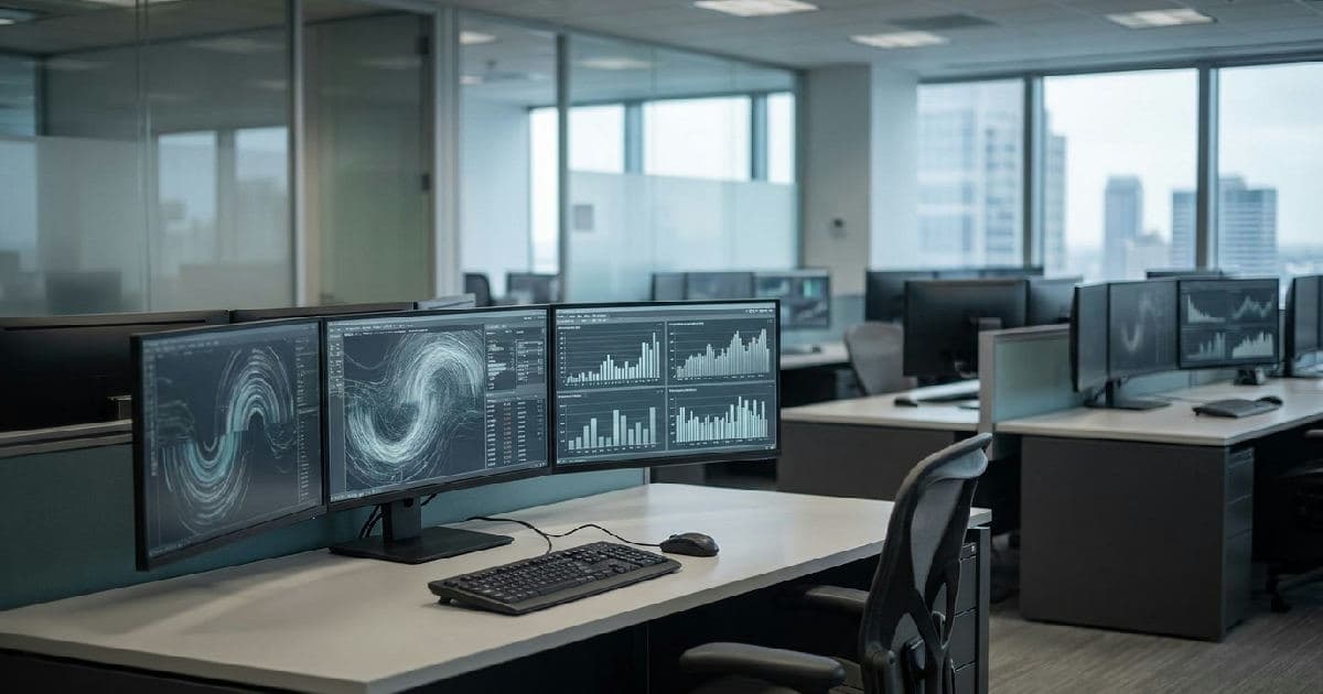 Empty trading floor with multiple monitors displaying financial data visualizations in muted tones.