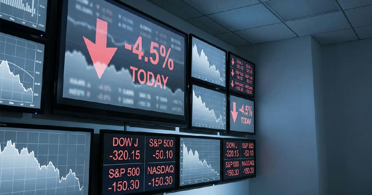 Abstract financial data screens displaying declining charts and market metrics in muted tones.