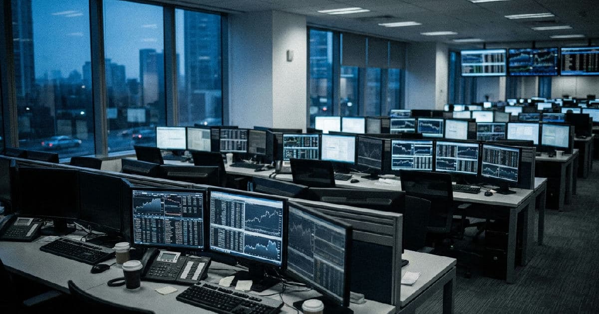 Empty trading floor with illuminated market data screens in desaturated blue and grey tones.
