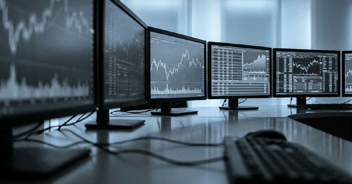 Multiple computer monitors showing market data visualisations and price trend charts in muted tones.