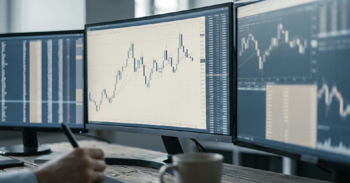 Multiple monitors showing financial market data and candlestick charts in muted tones.