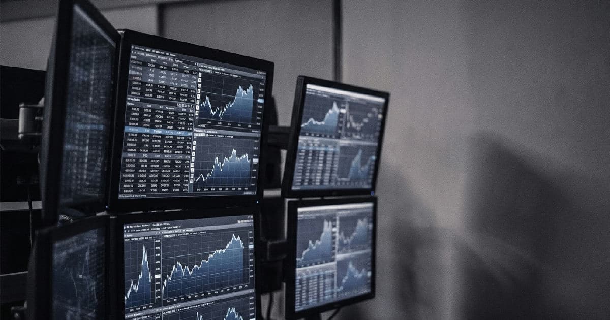 Multiple computer monitors displaying financial market data and price charts in muted tones.