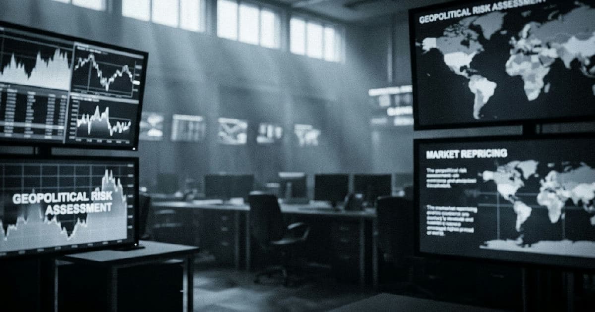 Trading floor screens displaying financial data visualisations in muted tones, no people visible.