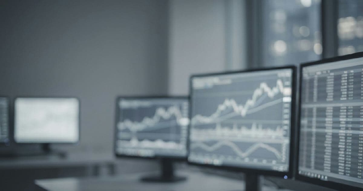 Multiple monitors showing financial data visualizations in muted tones, no people present.