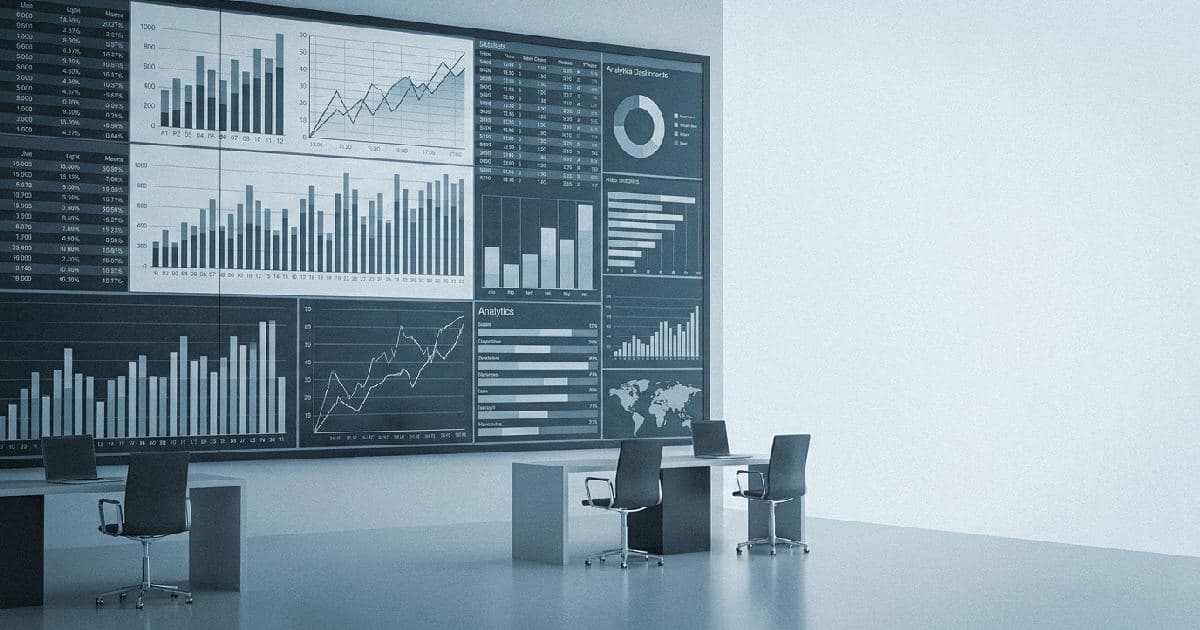 Abstract financial data visualization with charts and analytics dashboards in muted tones.